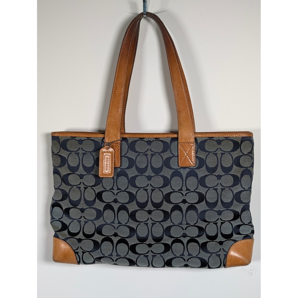 Coach Vintage Womens Tote Bag 6082 Canvas Leather Navy Tan Shoulder Bag Large